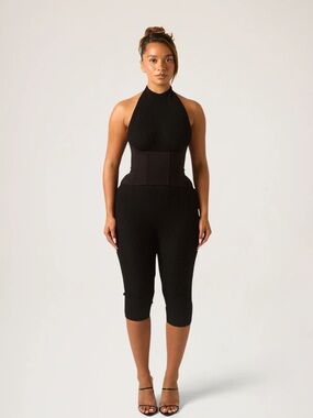 Black knit Halter Capri Jumpsuit with corset